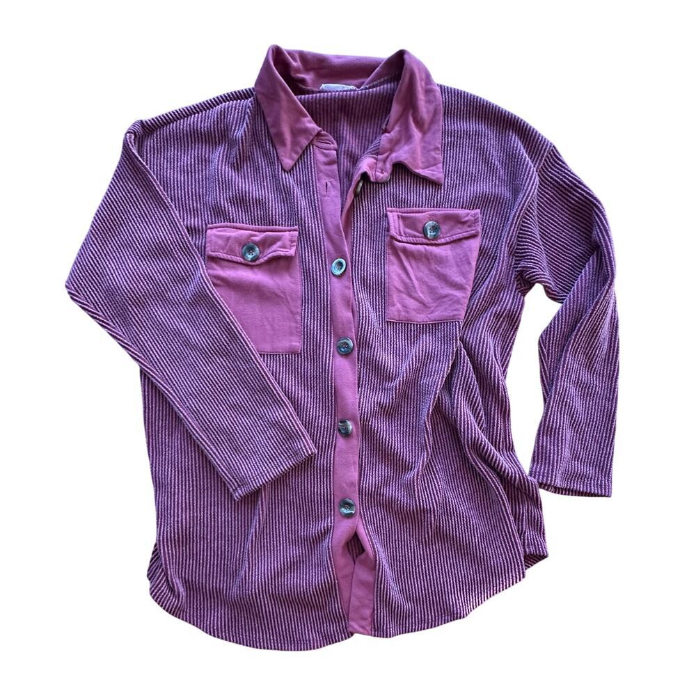 BOUTIQUE x REBORN J Womens Maroon Striped Button Up Long Sleeve Shacket SZ L/XL